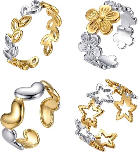 SAVORI Two-Tone Stainless Steel Open Ring Set for Women, 4 Styles (Leaf, Flower, Heart, Star), Hypoallergenic Adjustable Stackable Jewelry Gifts in Kuwait