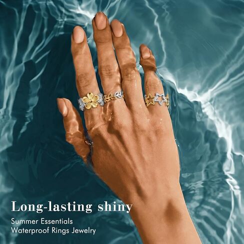 SAVORI Two-Tone Stainless Steel Open Ring Set for Women, 4 Styles (Leaf, Flower, Heart, Star), Hypoallergenic Adjustable Stackable Jewelry Gifts in Kuwait