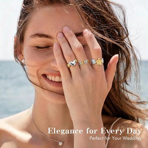 SAVORI Two-Tone Stainless Steel Open Ring Set for Women, 4 Styles (Leaf, Flower, Heart, Star), Hypoallergenic Adjustable Stackable Jewelry Gifts in Kuwait