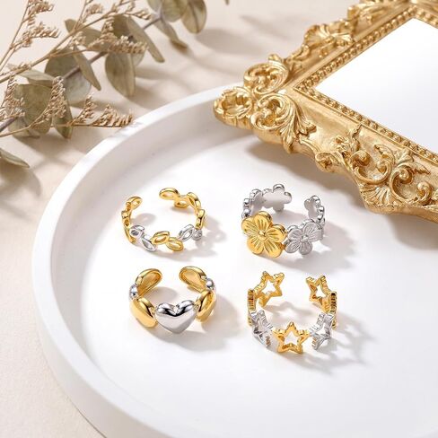 SAVORI Two-Tone Stainless Steel Open Ring Set for Women, 4 Styles (Leaf, Flower, Heart, Star), Hypoallergenic Adjustable Stackable Jewelry Gifts in Kuwait