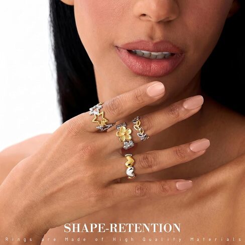 SAVORI Two-Tone Stainless Steel Open Ring Set for Women, 4 Styles (Leaf, Flower, Heart, Star), Hypoallergenic Adjustable Stackable Jewelry Gifts in Kuwait