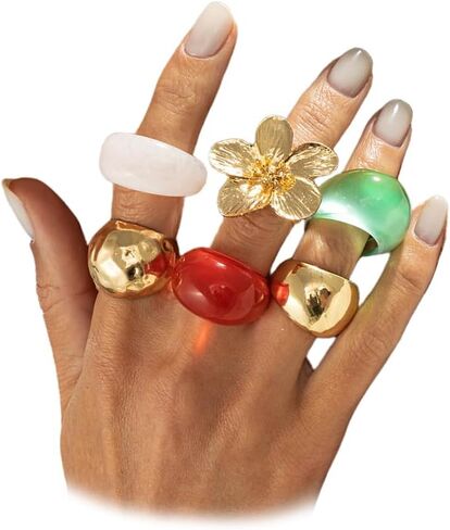 Chunky 14K Gold Plated Flower Transparent Resin Rings for Women Dainty Stackable Aesthetic Unique Dome Knuckles Ring Statement Party Prom Jewelry Gift in Kuwait