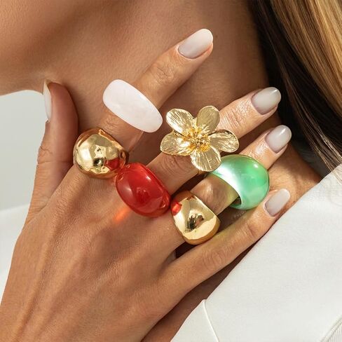 Chunky 14K Gold Plated Flower Transparent Resin Rings for Women Dainty Stackable Aesthetic Unique Dome Knuckles Ring Statement Party Prom Jewelry Gift in Kuwait