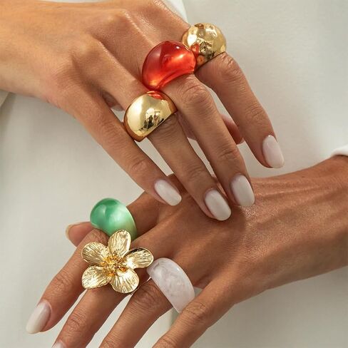 Chunky 14K Gold Plated Flower Transparent Resin Rings for Women Dainty Stackable Aesthetic Unique Dome Knuckles Ring Statement Party Prom Jewelry Gift in Kuwait