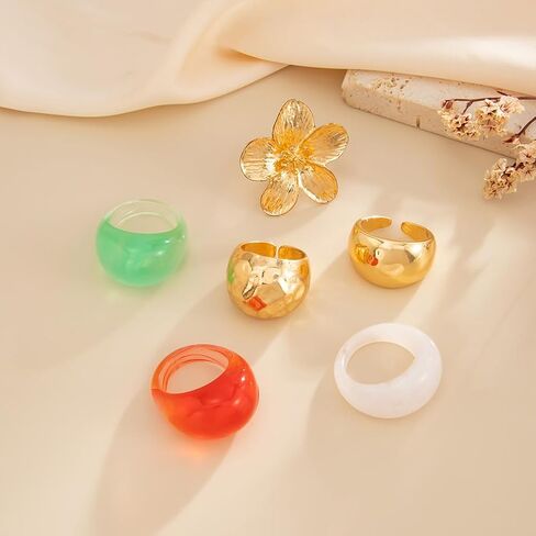Chunky 14K Gold Plated Flower Transparent Resin Rings for Women Dainty Stackable Aesthetic Unique Dome Knuckles Ring Statement Party Prom Jewelry Gift in Kuwait