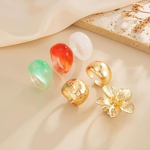 Chunky 14K Gold Plated Flower Transparent Resin Rings for Women Dainty Stackable Aesthetic Unique Dome Knuckles Ring Statement Party Prom Jewelry Gift in Kuwait