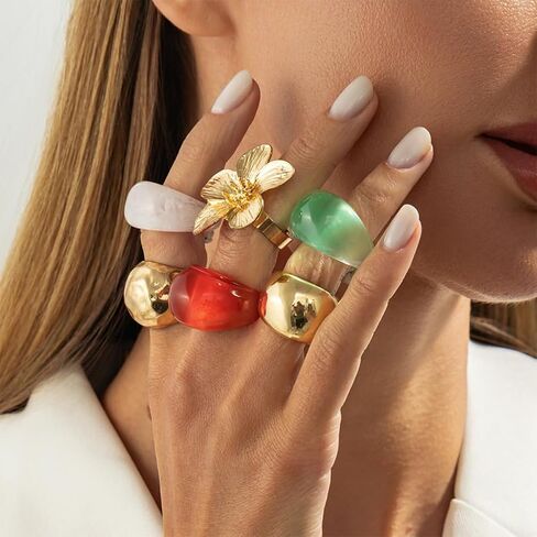 Chunky 14K Gold Plated Flower Transparent Resin Rings for Women Dainty Stackable Aesthetic Unique Dome Knuckles Ring Statement Party Prom Jewelry Gift in Kuwait