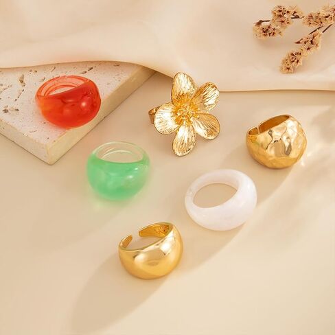 Chunky 14K Gold Plated Flower Transparent Resin Rings for Women Dainty Stackable Aesthetic Unique Dome Knuckles Ring Statement Party Prom Jewelry Gift in Kuwait