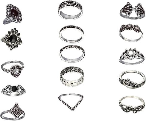 Women's Vintage Knuckle Ring Set, 15PCS Stackable Joint, Bohemian Retro Hollow Lotus Carved & Gothic Thick Rings for Halloween Daily Layered Jewelry in Kuwait