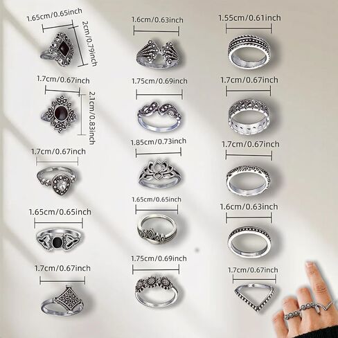 Women's Vintage Knuckle Ring Set, 15PCS Stackable Joint, Bohemian Retro Hollow Lotus Carved & Gothic Thick Rings for Halloween Daily Layered Jewelry in Kuwait