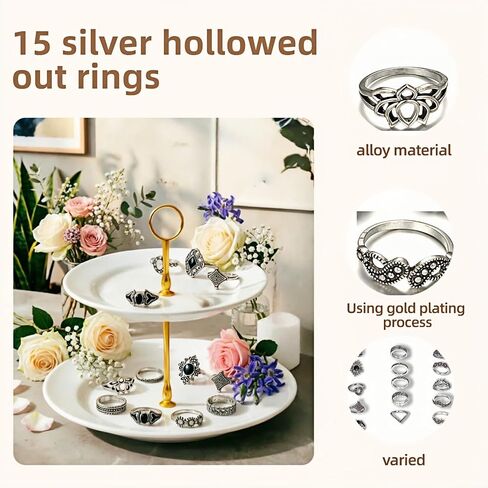 Women's Vintage Knuckle Ring Set, 15PCS Stackable Joint, Bohemian Retro Hollow Lotus Carved & Gothic Thick Rings for Halloween Daily Layered Jewelry in Kuwait