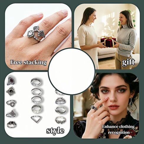 Women's Vintage Knuckle Ring Set, 15PCS Stackable Joint, Bohemian Retro Hollow Lotus Carved & Gothic Thick Rings for Halloween Daily Layered Jewelry in Kuwait