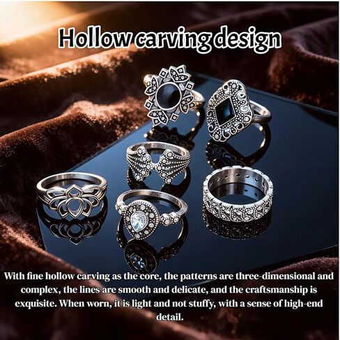 Women's Vintage Knuckle Ring Set, 15PCS Stackable Joint, Bohemian Retro Hollow Lotus Carved & Gothic Thick Rings for Halloween Daily Layered Jewelry in Kuwait