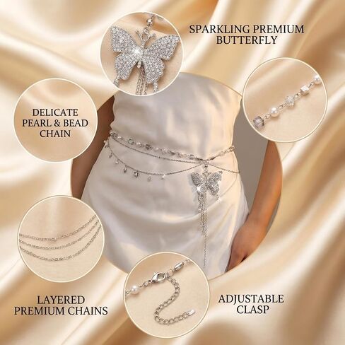 2 Adjustable Butterfly Chain Belt, Chain Belt for Women, Y2K Fashion Accessory for Festival & Party Outfits, Matching for Dresses and Bikini Beachwear, Alloy Waist Chains in Saudi Arabia