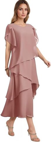Chiffon Mother of The Bride Dresses Tiered Tea Length Sleeveless Formal Wedding Guest Dress KF028 in Saudi Arabia