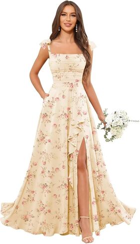Bridesmaid Dresses for Women Ruffle Ruched Formal Dress with Slit Chiffon A-Line Long Evening Gown in Saudi Arabia