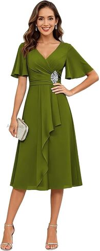 Short Sleeve Mother of The Bride Dresses for Wedding Tea Length Ruffles Chiffon Formal Evening Gown in Kuwait