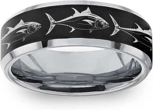 Tuna fish Jumping Sea Print Pattern Ring Engraved Flat Tungsten Ring Tuna Fish Ring Mens Wedding Band Fisherman Ring Fisherman Gift Tungsten Band Custom Engraved Fish Ring Fishing Gift in Saudi Arabia