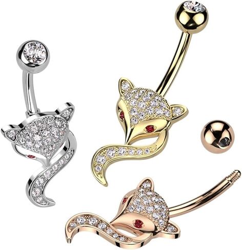 Pierced Owl 14GA 316L Stainless Steel CZ Crystal Paved Fox Head with Red Eyes Belly Button Ring in Kuwait