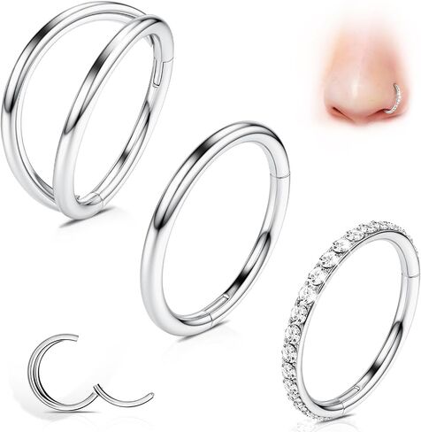 WBRWP 3-Piece Titanium Nose Rings Hoop: Seamless Nose Ring CZ & Double Hoop Cartilage Earring Conch Piercing Jewelry 16G 18G 20G (7mm 8mm 10mm) in Saudi Arabia
