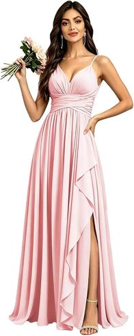 Roxanne Long Chiffon Bridesmaid Dresses for Women Spaghetti Straps V-Neck Summer Wedding Guest Dress with Slit in Saudi Arabia