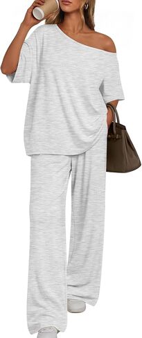 Trendy Queen Womens 2 Piece Lounge Sets Off Shoulder Oversized Tshirts & Wide Leg Pants Outfits in Kuwait