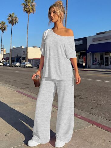 Trendy Queen Womens 2 Piece Lounge Sets Off Shoulder Oversized Tshirts & Wide Leg Pants Outfits in Kuwait