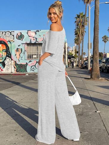 Trendy Queen Womens 2 Piece Lounge Sets Off Shoulder Oversized Tshirts & Wide Leg Pants Outfits in Kuwait
