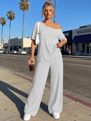 Trendy Queen Womens 2 Piece Lounge Sets Off Shoulder Oversized Tshirts & Wide Leg Pants Outfits in Kuwait