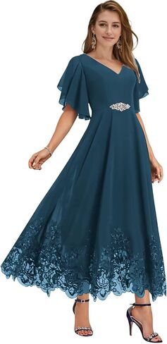 Mother of The Bride Dresses for Wedding Tea Length V Neck Chiffon Lace Formal Evening Dress with Sleeves JH019 in Kuwait