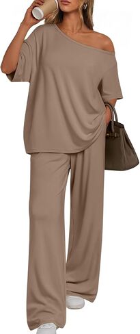 Trendy Queen Womens 2 Piece Lounge Sets Off Shoulder Oversized Tshirts & Wide Leg Pants Outfits in Kuwait