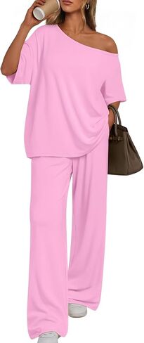 Trendy Queen Womens 2 Piece Lounge Sets Off Shoulder Oversized Tshirts & Wide Leg Pants Outfits in Kuwait