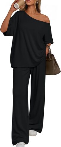 Trendy Queen Womens 2 Piece Lounge Sets Off Shoulder Oversized Tshirts & Wide Leg Pants Outfits in Kuwait