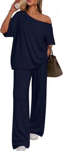 Trendy Queen Womens 2 Piece Lounge Sets Off Shoulder Oversized Tshirts & Wide Leg Pants Outfits in Kuwait