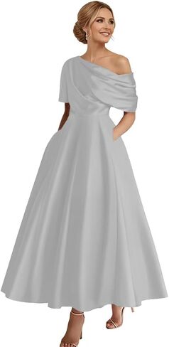 One Shoulder Mother of The Bride Dress for Women Short Sleeve Wedding Guest Gown with Pockets in Kuwait