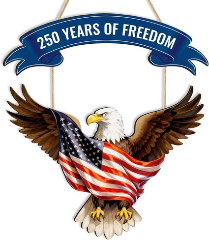 250th Anniversary America 4th of July Door Sign Wooden Decorations Eagle 250 Years of Freedom Independence Day Patriotic Wreath Hanger for Front Door for Wall Home Porch Outdoor Indoor Decor in Saudi Arabia