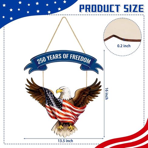 250th Anniversary America 4th of July Door Sign Wooden Decorations Eagle 250 Years of Freedom Independence Day Patriotic Wreath Hanger for Front Door for Wall Home Porch Outdoor Indoor Decor in Saudi Arabia