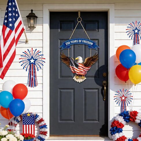250th Anniversary America 4th of July Door Sign Wooden Decorations Eagle 250 Years of Freedom Independence Day Patriotic Wreath Hanger for Front Door for Wall Home Porch Outdoor Indoor Decor in Saudi Arabia