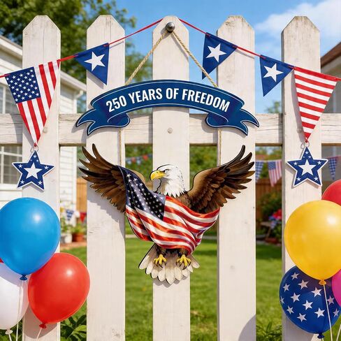 250th Anniversary America 4th of July Door Sign Wooden Decorations Eagle 250 Years of Freedom Independence Day Patriotic Wreath Hanger for Front Door for Wall Home Porch Outdoor Indoor Decor in Saudi Arabia