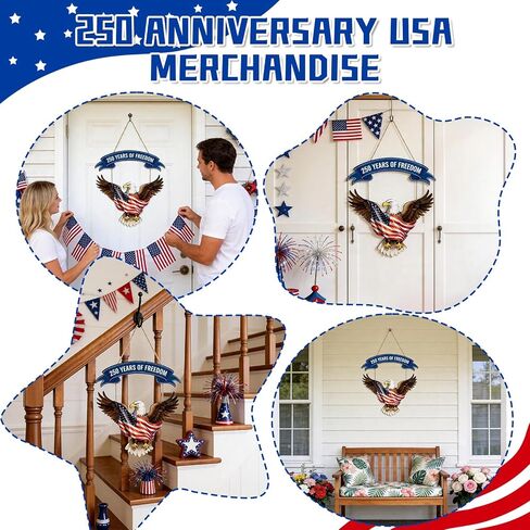 250th Anniversary America 4th of July Door Sign Wooden Decorations Eagle 250 Years of Freedom Independence Day Patriotic Wreath Hanger for Front Door for Wall Home Porch Outdoor Indoor Decor in Saudi Arabia
