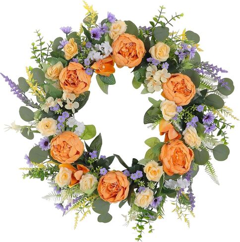 26" Large Summer Front Door Wreath, Artificial Silk Peony Orchid Rose Lavender Floral Wreath with Coin Leaf Greenery, Rustic Farmhouse Door Decor for Porch,Entryway,Mantel,Indoor Outdoor Home in Saudi Arabia