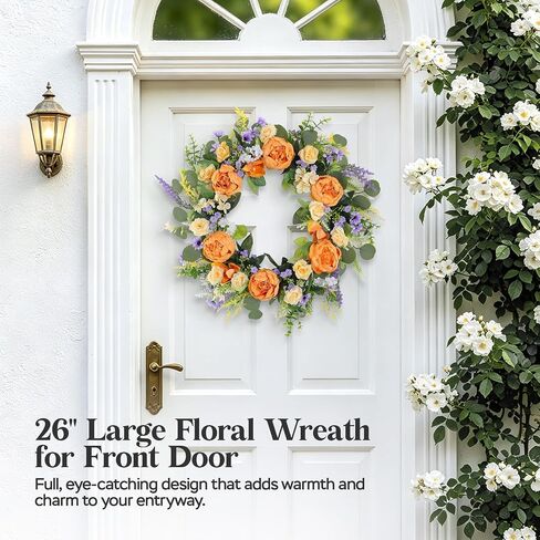 26" Large Summer Front Door Wreath, Artificial Silk Peony Orchid Rose Lavender Floral Wreath with Coin Leaf Greenery, Rustic Farmhouse Door Decor for Porch,Entryway,Mantel,Indoor Outdoor Home in Saudi Arabia