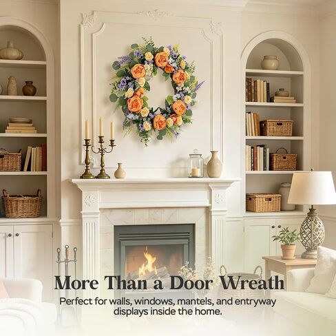 26" Large Summer Front Door Wreath, Artificial Silk Peony Orchid Rose Lavender Floral Wreath with Coin Leaf Greenery, Rustic Farmhouse Door Decor for Porch,Entryway,Mantel,Indoor Outdoor Home in Saudi Arabia