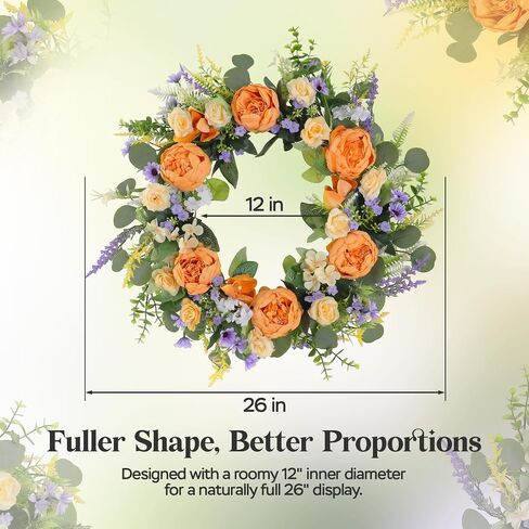 26" Large Summer Front Door Wreath, Artificial Silk Peony Orchid Rose Lavender Floral Wreath with Coin Leaf Greenery, Rustic Farmhouse Door Decor for Porch,Entryway,Mantel,Indoor Outdoor Home in Saudi Arabia