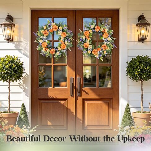 26" Large Summer Front Door Wreath, Artificial Silk Peony Orchid Rose Lavender Floral Wreath with Coin Leaf Greenery, Rustic Farmhouse Door Decor for Porch,Entryway,Mantel,Indoor Outdoor Home in Saudi Arabia