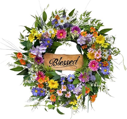 22 Inch Spring Summer Blessed Wildflower Wreath for Front Door Wall | White and Yellow Daisies, Lavender Spikes and Purple Thistle-Style Accents for Spring Summer Decor in Saudi Arabia