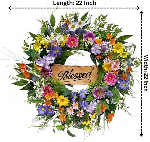 22 Inch Spring Summer Blessed Wildflower Wreath for Front Door Wall | White and Yellow Daisies, Lavender Spikes and Purple Thistle-Style Accents for Spring Summer Decor in Saudi Arabia