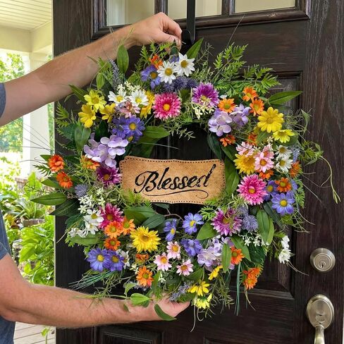 22 Inch Spring Summer Blessed Wildflower Wreath for Front Door Wall | White and Yellow Daisies, Lavender Spikes and Purple Thistle-Style Accents for Spring Summer Decor in Saudi Arabia