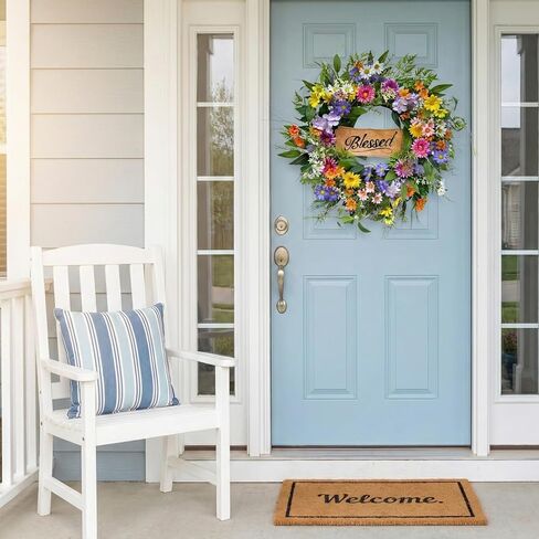 22 Inch Spring Summer Blessed Wildflower Wreath for Front Door Wall | White and Yellow Daisies, Lavender Spikes and Purple Thistle-Style Accents for Spring Summer Decor in Saudi Arabia