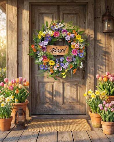 22 Inch Spring Summer Blessed Wildflower Wreath for Front Door Wall | White and Yellow Daisies, Lavender Spikes and Purple Thistle-Style Accents for Spring Summer Decor in Saudi Arabia